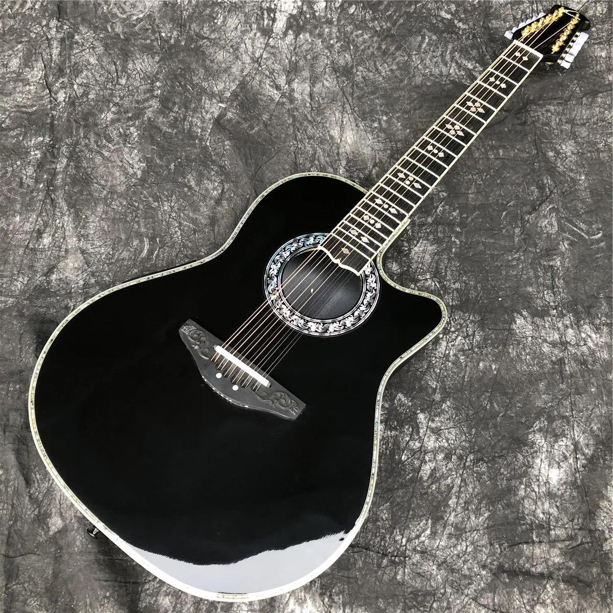 

12 Strings Black Solid Spruce Acoustic Guitar Abalone Inlays Carbon Fiber Tortoise Shell Acoustic Ovation Electric EQ Guitar