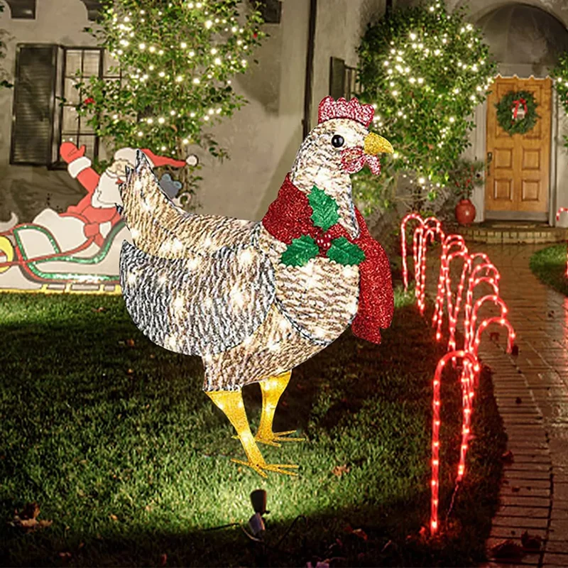 

Christmas Light-Up Chicken with Scarf Holiday Outdoor Decoration Yard Garden Xmas Atmosphere Ornaments Garden Decoration Acrylic