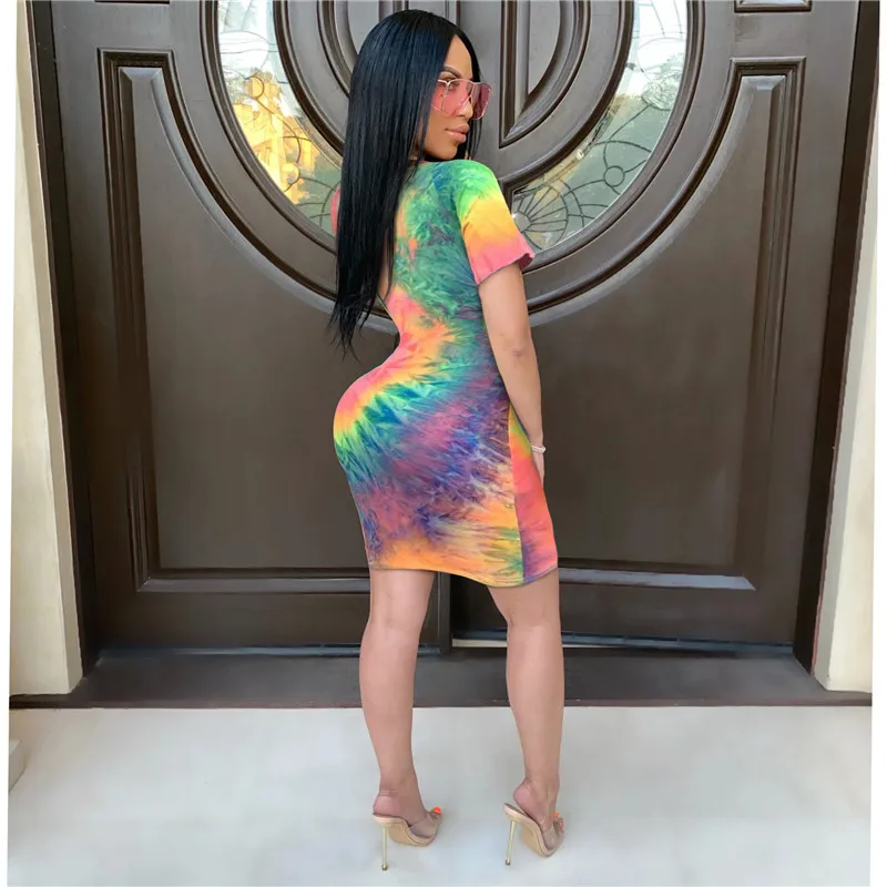 

Sexy Tie Dye Bodycon Mini Dress Fashion Summer Women Pencil Dress Short Sleeve O-Neck Skinny Club Sheath Streetwear