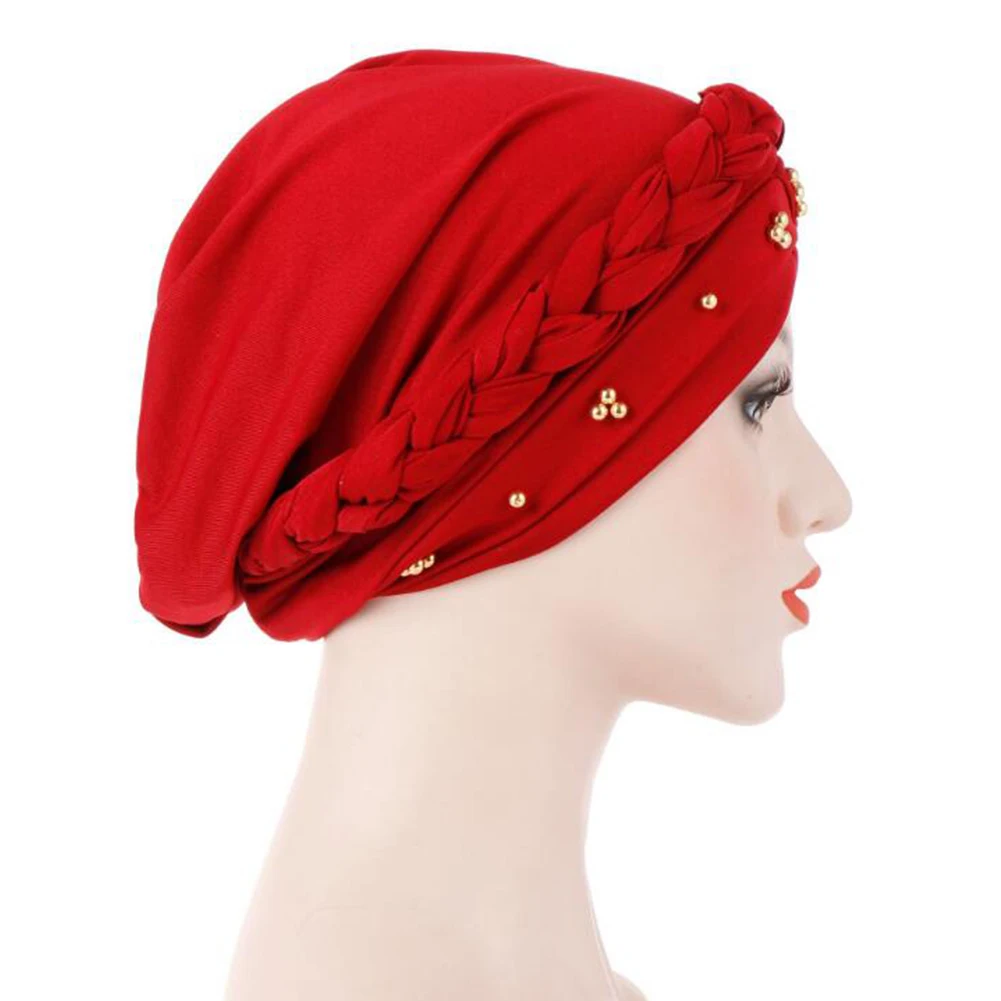 Модная мусульманская шляпа однотонный тюрбан кепка элегантные бусы коса