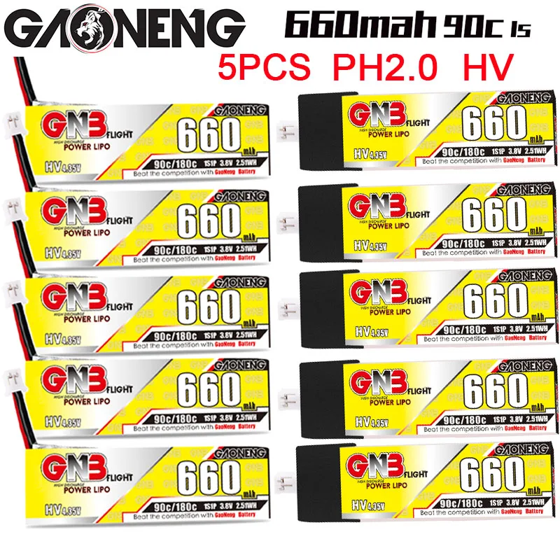 

5PCS GAONENG GNB 1S 3.8V 660mAh 90C/180C HV 4.35V Power Lipo Battery With PH2.0 Plug for Emax Tinyhawk King Kong Ldarc TINY7