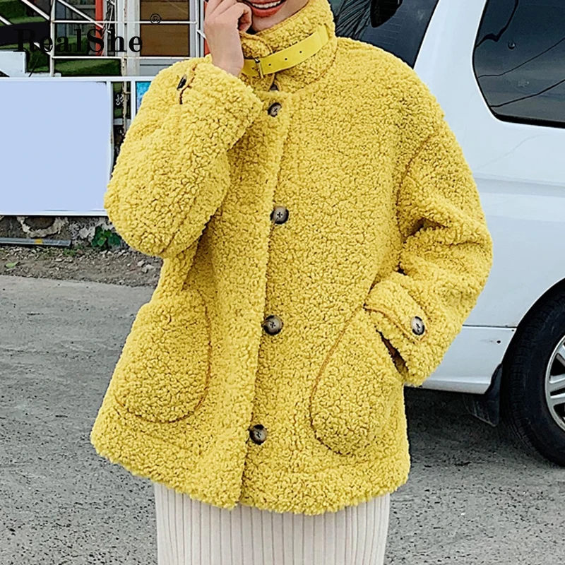 RealShe зимняя женская куртка с отворотом длинным рукавом на пуговицах карманами