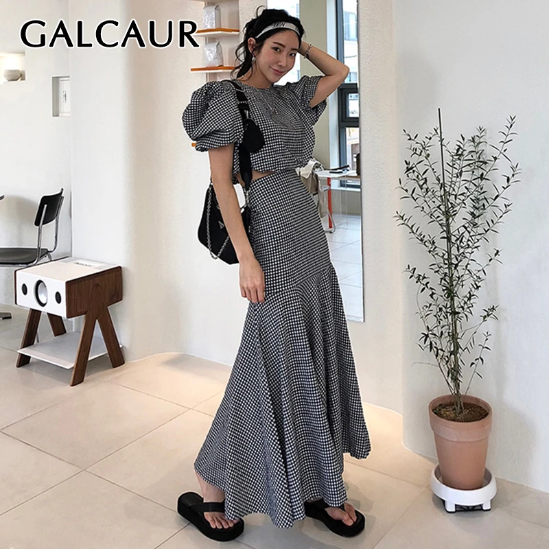 GALCAUR Plaid Two Piece Set Women O Neck Puff Short Sleeve Vintage T-shirt High Waist Bodycon Maxi Skirts Suits Female New 2020 |