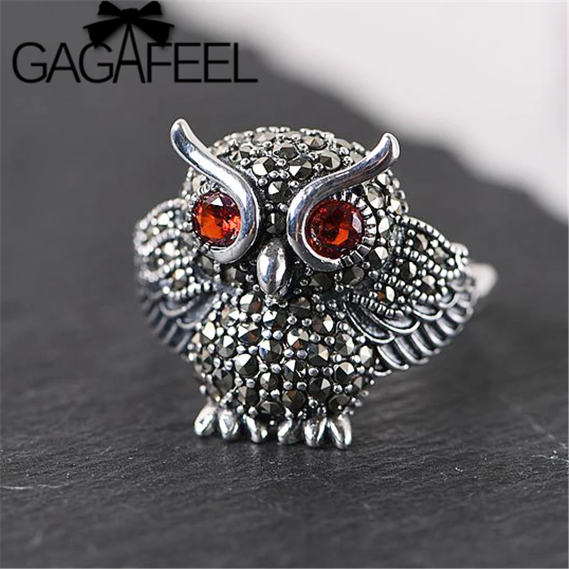 GAGAFEEL, 925 пробы, серебряное кольцо с инкрустацией совы, регулируемый марказит, серебряное женское кольцо, ретро ювелирное изделие для женщин