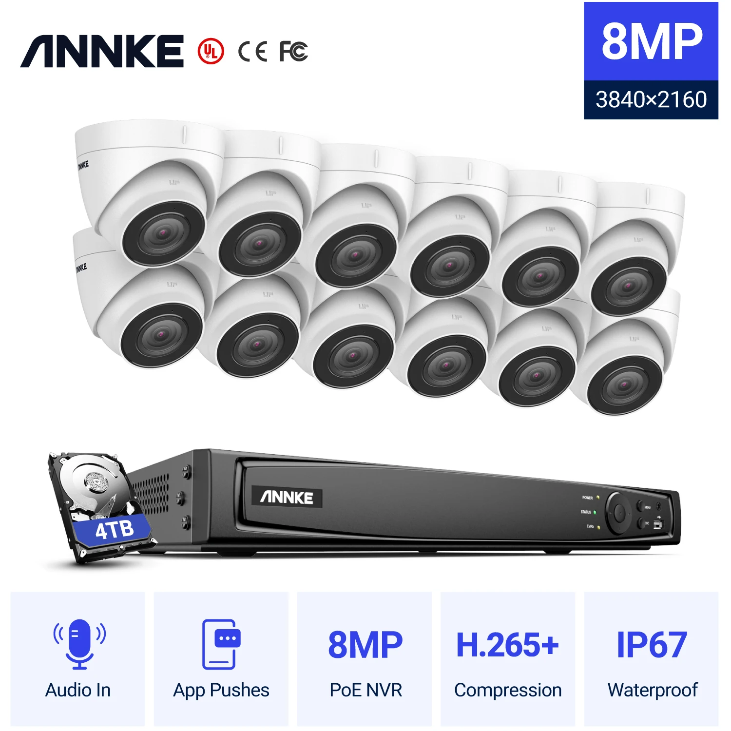 

ANNKE 16CH 4K Ultra HD POE Network Video Security System 8MP H.265 NVR With 12X 8MP 30m EXIR Night Vision Weatherproof IP Camera