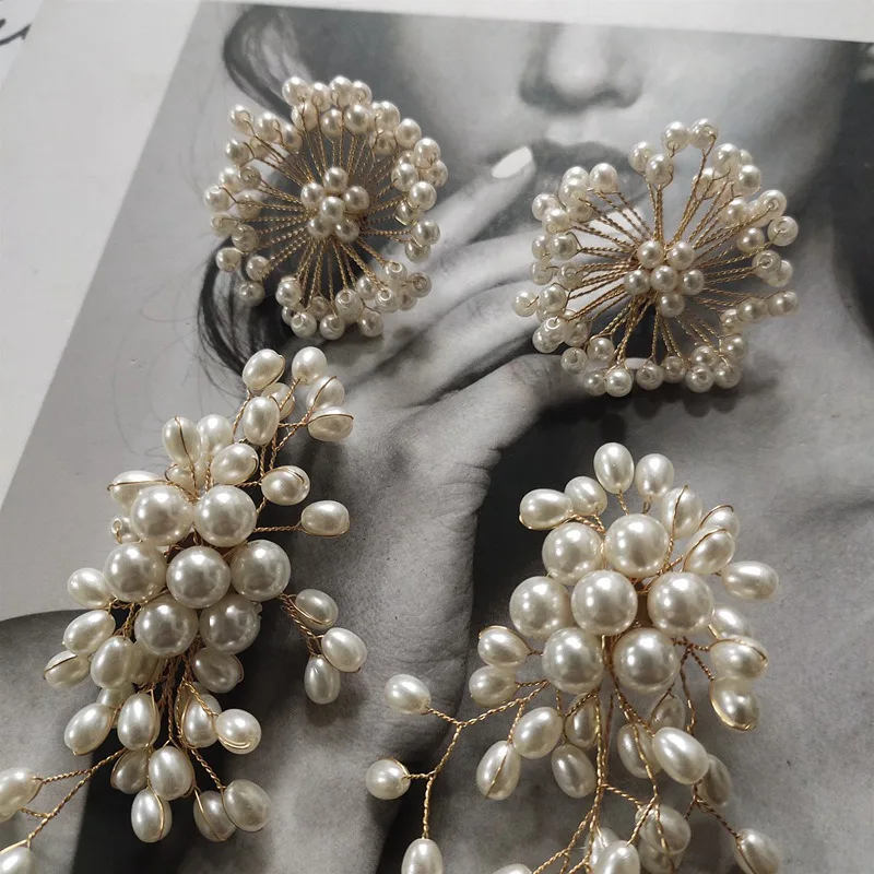 

MENGJIQIAO 2020 Korean Vintage Pearl Fireworks Flower Exaggerate Stud Earrings For Women Students Fashion Elegant Party Jewelry
