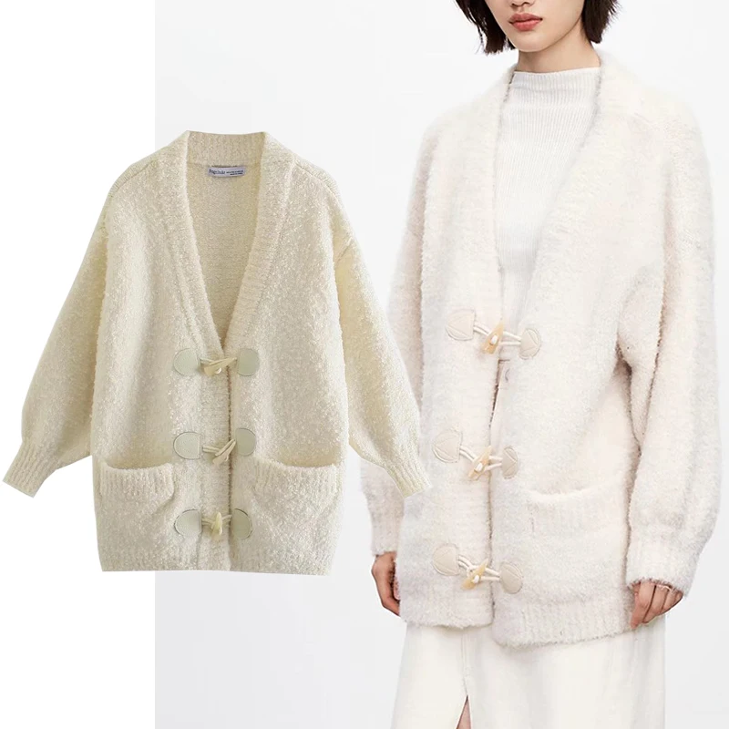 

Женский однобортный трикотажный свитер Za, теплые пальто с V-образным вырезом и длинным рукавом, повседневные однобортные топы с пуговицами ...