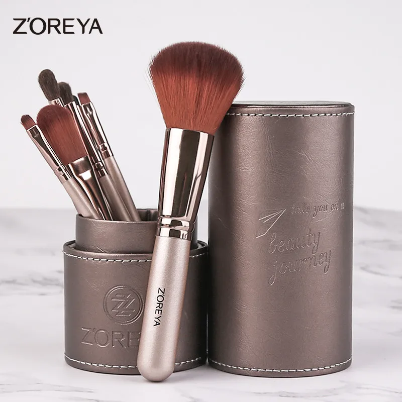 brown color ZOREYA на нашем сайте! кисти для макияжа с цилиндром 7 набор кистей для макияжа, кисточка для тональной крем-пудры тени для век щетки для бровей - Handle Color: brown color