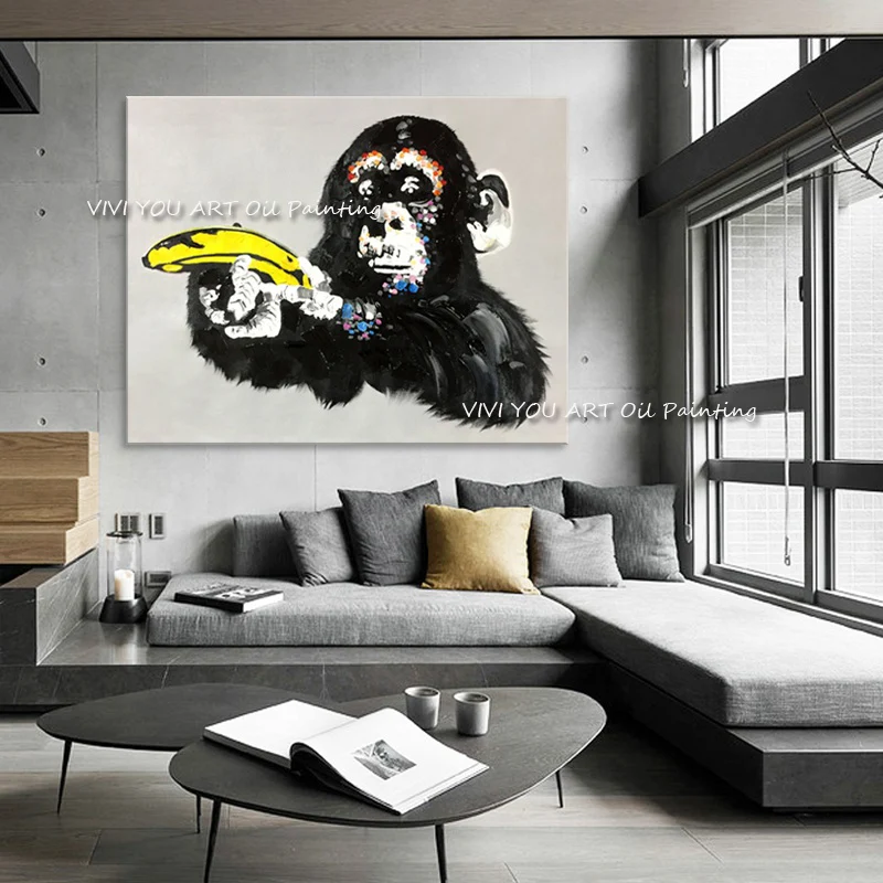 

Handmade Graffiti Street Monkey with Banana Canvas Oil Painting Posters Wall Art Posters Animals Pictures for Home Decor