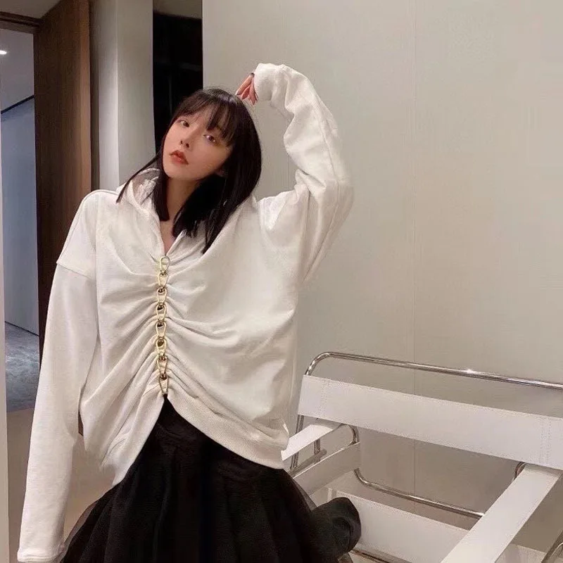 

2021 Spring and Autumn Fashion Metal Chain Pleated Personality Casual Temperament Hooded Long-sleeved Top Japanese Streetwear