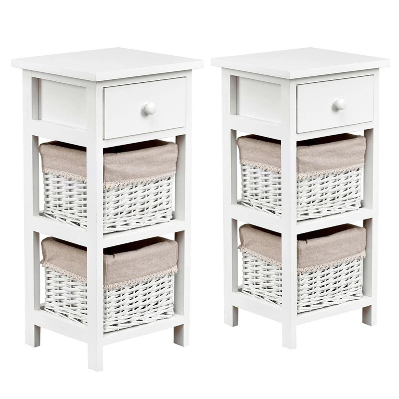 

2Pcs 3-Tier Bedroom Bedside Clear Lacquered Durable Paulownia Wood Drawer Baskets White Modern Style Compact Design End Table