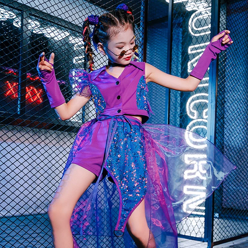 

Джазовые танцевальные костюмы, детские фиолетовые искусственные новые летние танцевальные сценические костюмы, праздничные яркие костюмы...