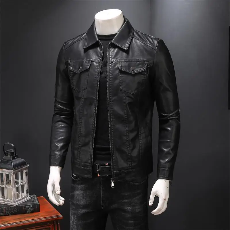 

Men Split Leather Jacket 2021 New Spring And Autumn Sheepskin Slim Pocket Male Motorcycle Leather Jacket Teenage Boy Black 901