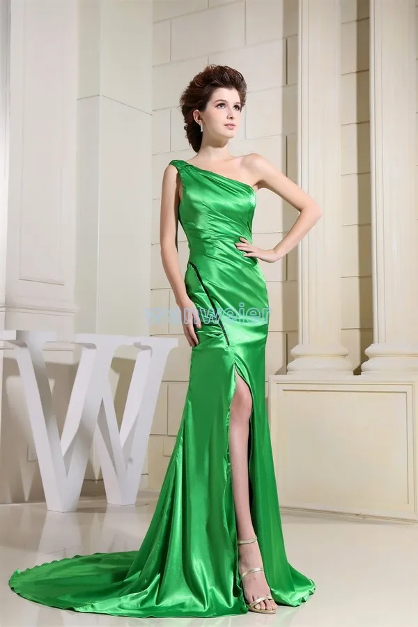 

free shipping 2016 floor length formal gown new design brides maid open leg custom beading one shouler green long evening Dress