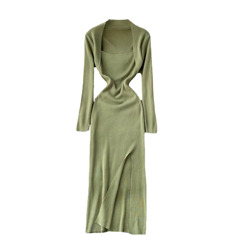 

Женское трикотажное платье-свитер, элегантное облегающее платье с квадратным вырезом и разрезом, осень 2021