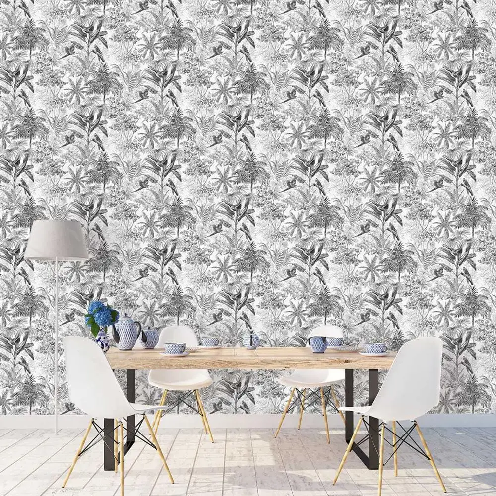 Черно белый скандинавский тропический обои птиц летать в Джунгли Лес PW423330104