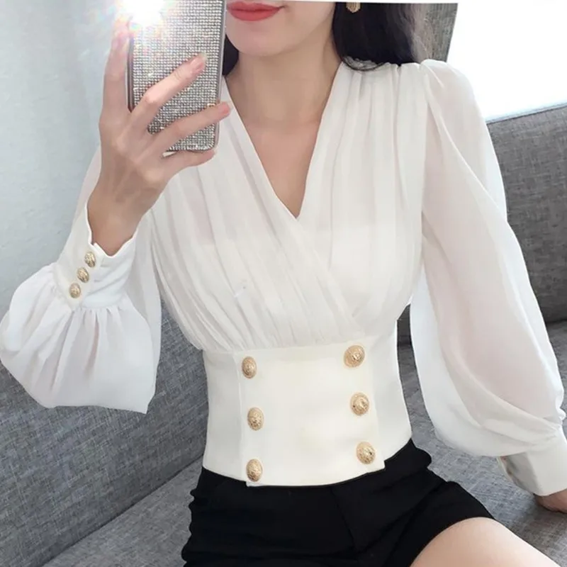 

Womens Loose Blouse Long Sleeve Sexy V Neck Spring White Autumn Shirts Casual Button Up Top Female Blusa Feminina Party Elegant