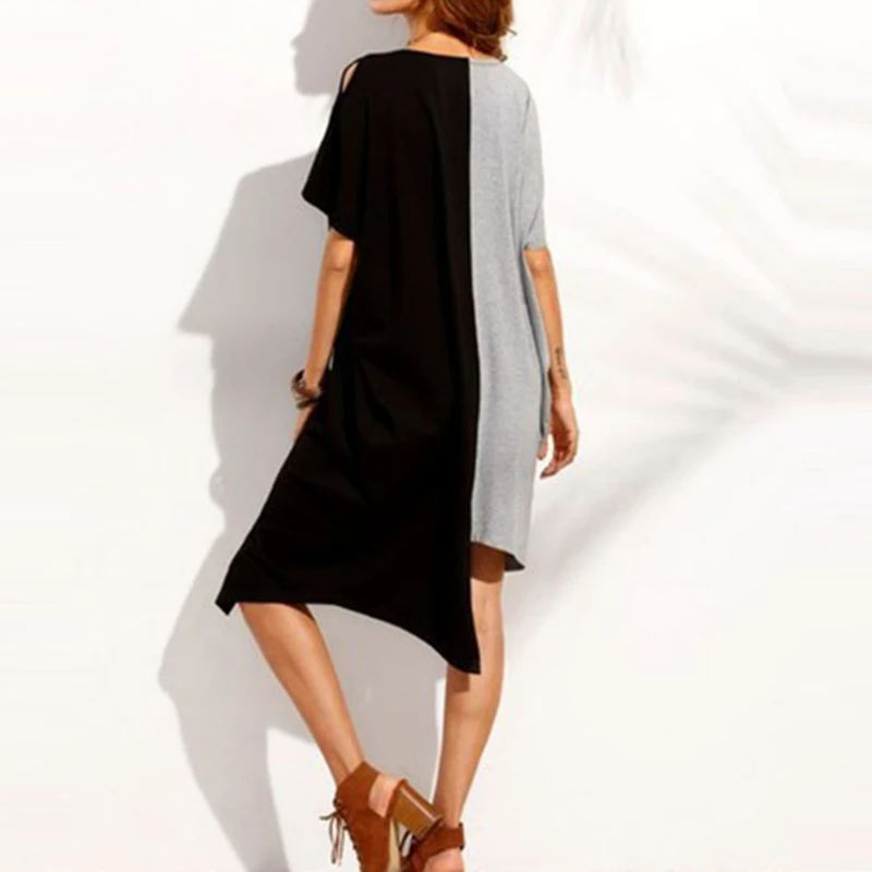 

Women Casual Dress Irregular Hem Short Sleeve Round Neck Loose Dress for Summer -MX8