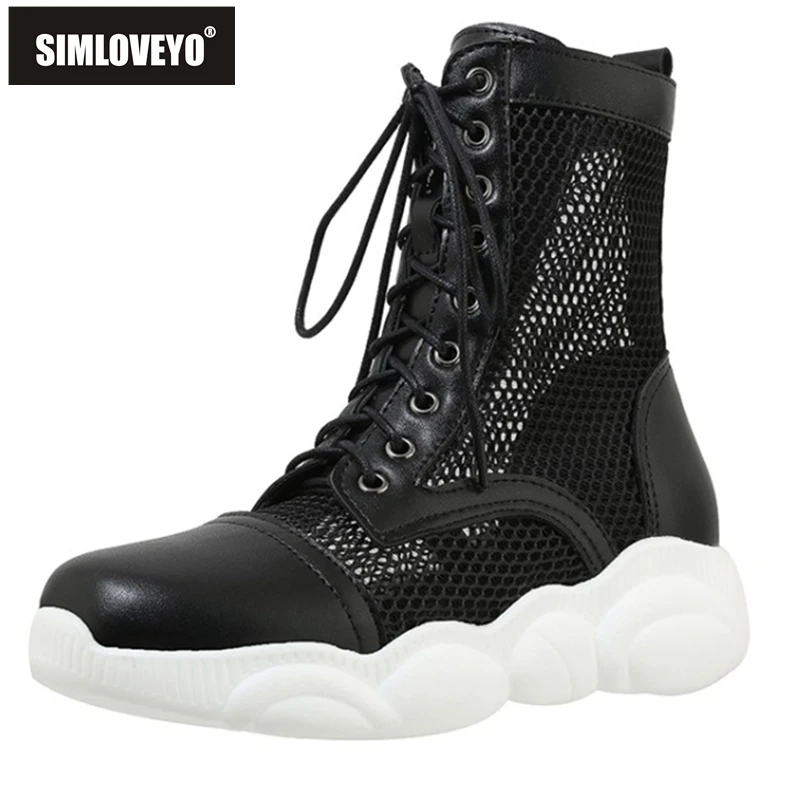 

SIMLOVEYO 2021 Women Summer Boots Thick Bottom Mesh Net Lace Shoes Simple Casual Ladies Summer Footwear Ankle Boots A2383