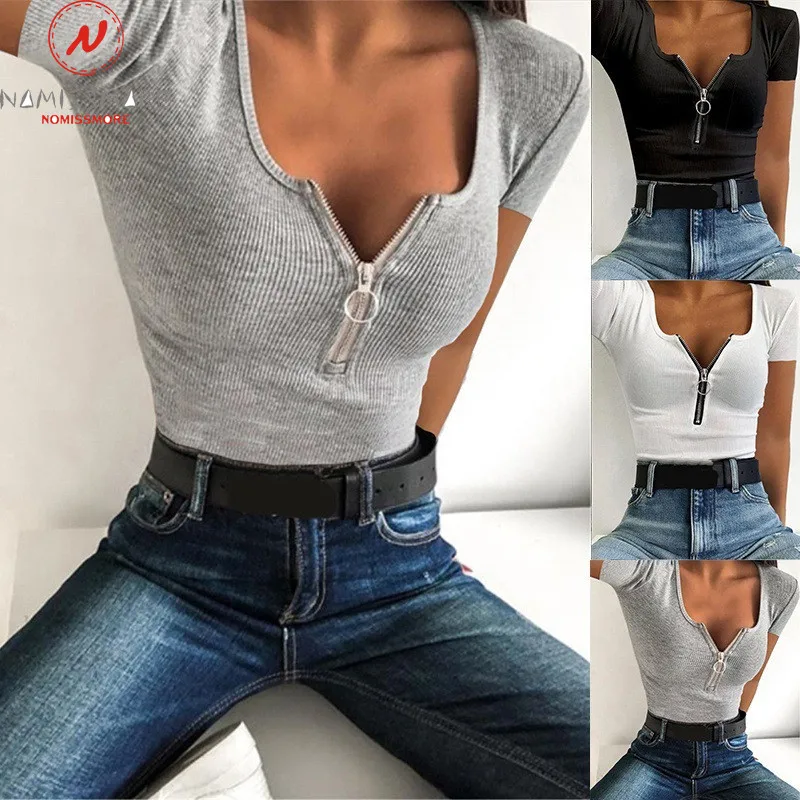 

Fashion Women Summer Solid Color T-Shirts for Streetwear Patchwork Design Zipper Decor V-Neck Short Sleeve Slim Pullovers Top