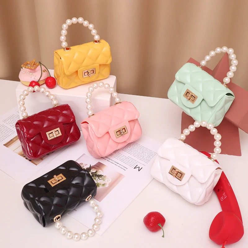 

Women Mini Handbag New Elegant Shoulder Messenger Portable Chain Bag Girl Jelly Bag Pearl Crossbody Rhombus Small Square Bag