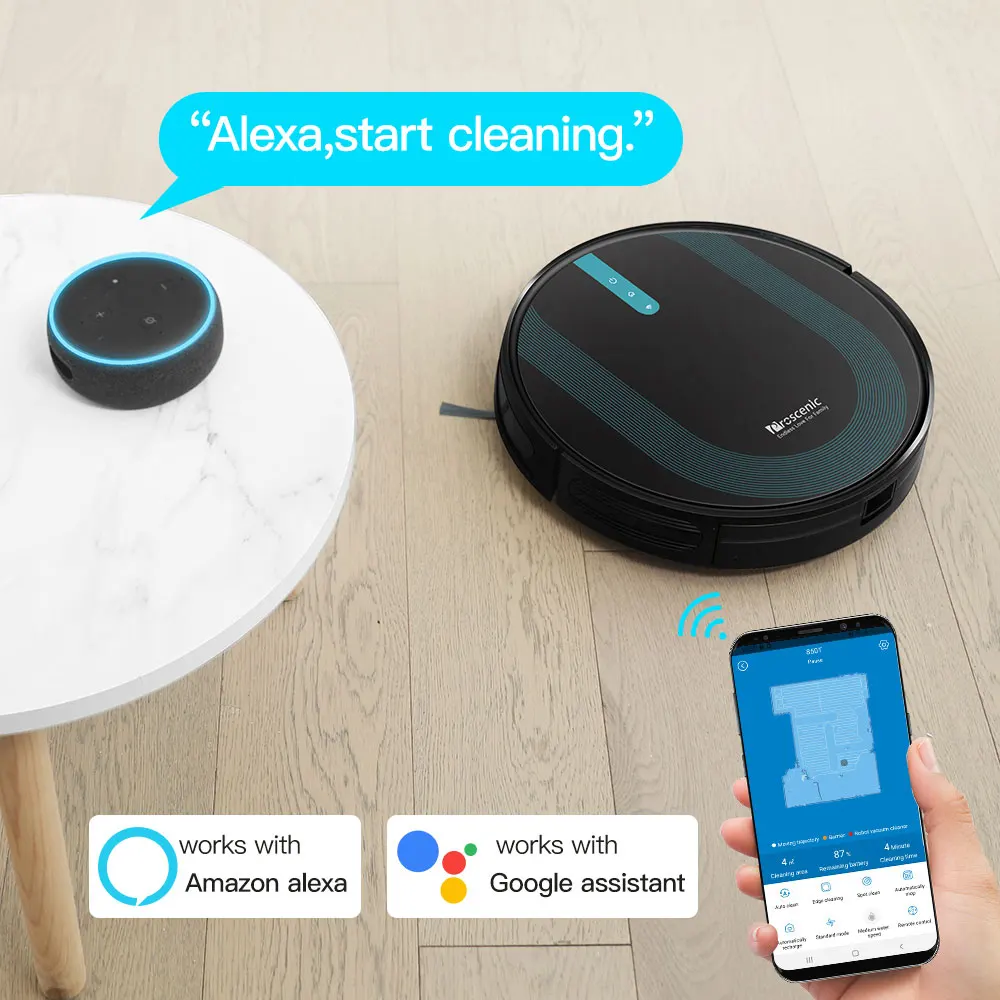 

Proscenic 850T Robot Vacuum Cleaner Wi-Fi Connected 3000Pa Big Suction Wet Dry Mop 120mins Alexa Google App Home Voice Control