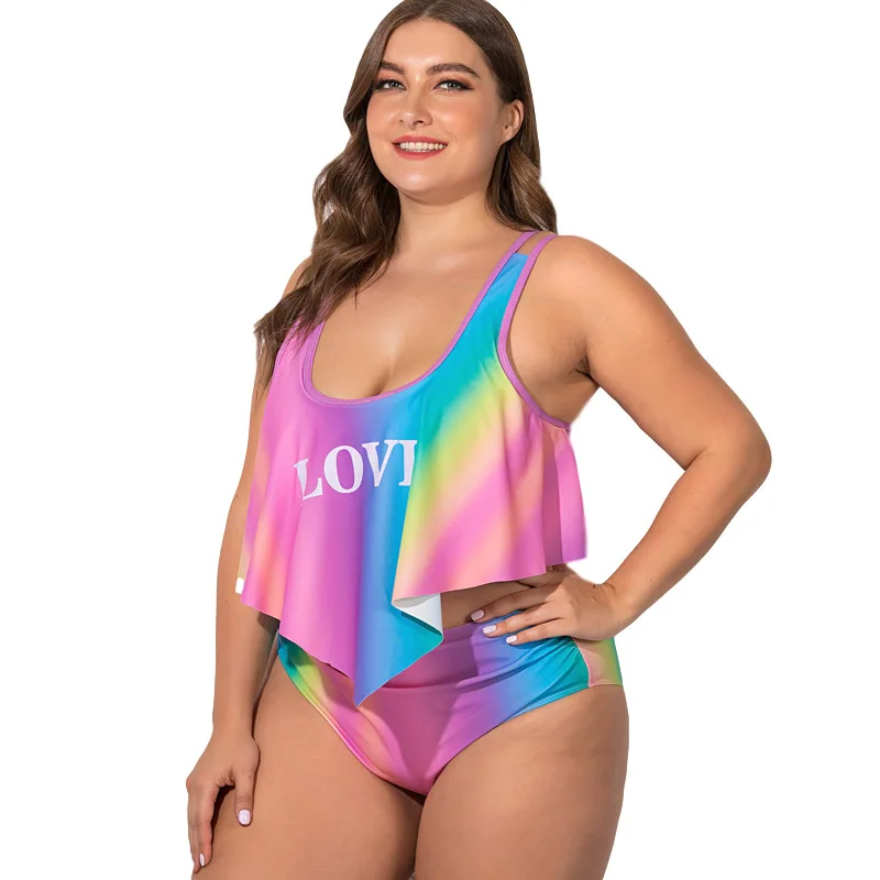 

Plus Size Swimwear 2021 New Mixture Color Print Sexy Falbala High Waist Bikini Set Split Swiming Suit for Women Traje De Banho