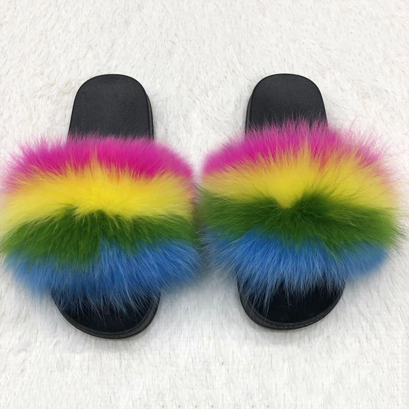 

Summer Kids Fur Slippers Fluffy Raccoon Fur Slides Furry Real Fox Fur Flip Flops Flat Children Rainbow Shoes Girls Fur Sandals