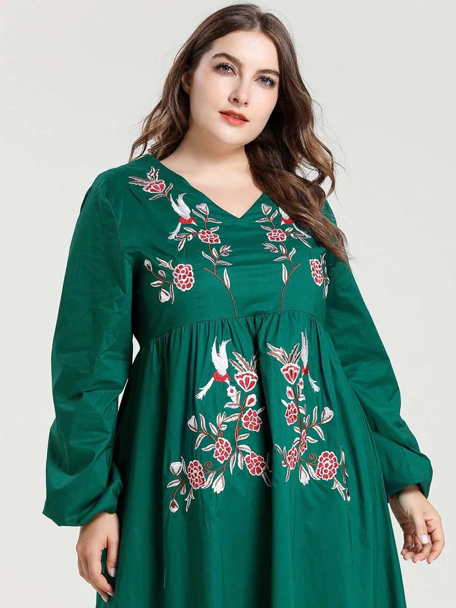 Женское длинное платье из хлопка с длинным рукавом v образным вырезом и цветочной