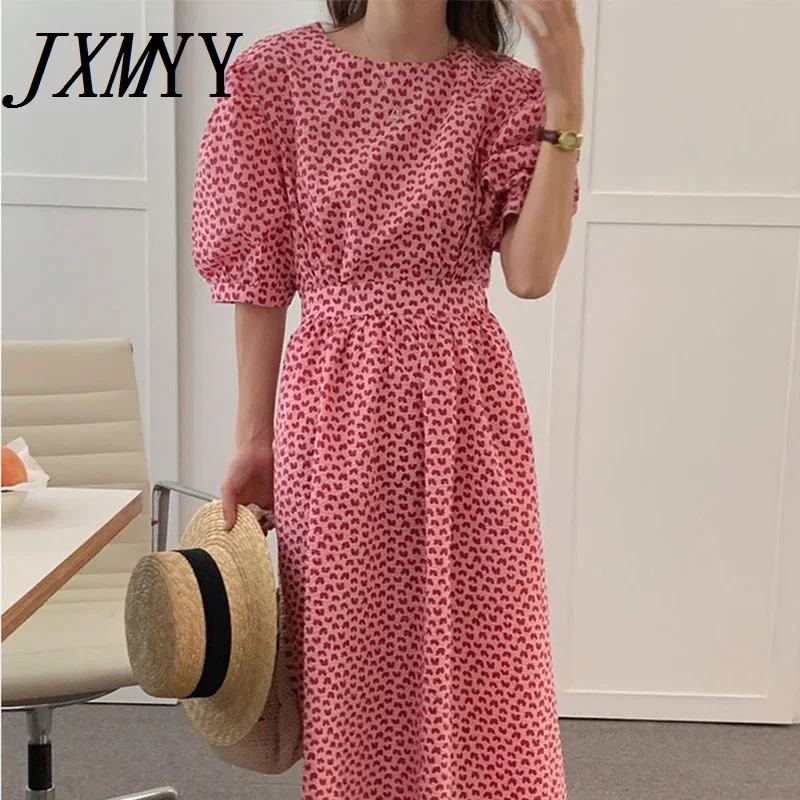 

JXMYY 2021 Summer Fashion New Product Retro Little Playful Love Printed Puff Sleeve Back Hollow Waist Dress 2 Colors