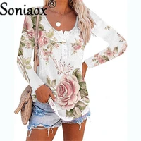 2021 autumn flowers printed t shirt women casual long sleeve round neck button tee tops fashion street loose pullover