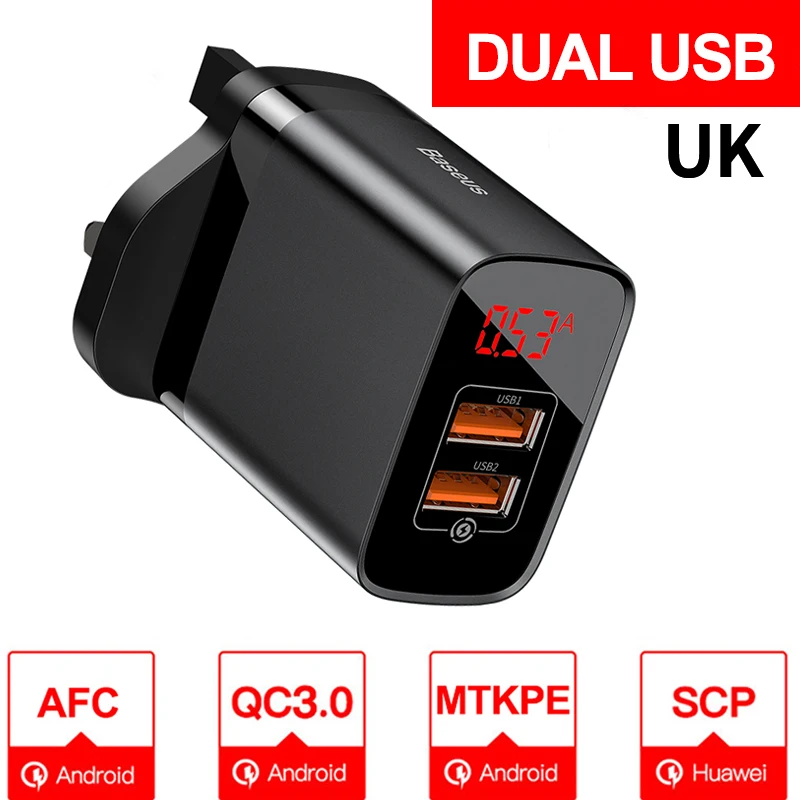 UK Plug Black Baseus Quick Charge 3,0 USB зарядное устройство для iPhone samsung Xiaomi huawei мобильный телефон 18 Вт PD3.0 PD QC3.0 QC usb type C быстрое зарядное устройство - Тип штекера: UK Plug Black