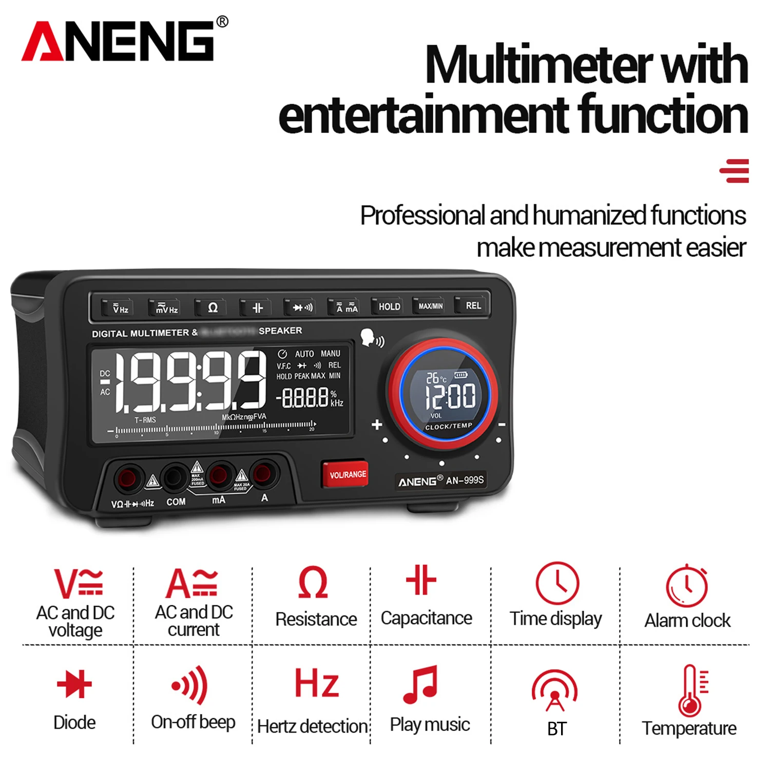 

ANENG 2-In-1 BT Speaker AC/DC Bench True-RMS Voice Broadcast Multimeter Auto-Ranging with Amp Volt Ohm Continuity Frequency Test