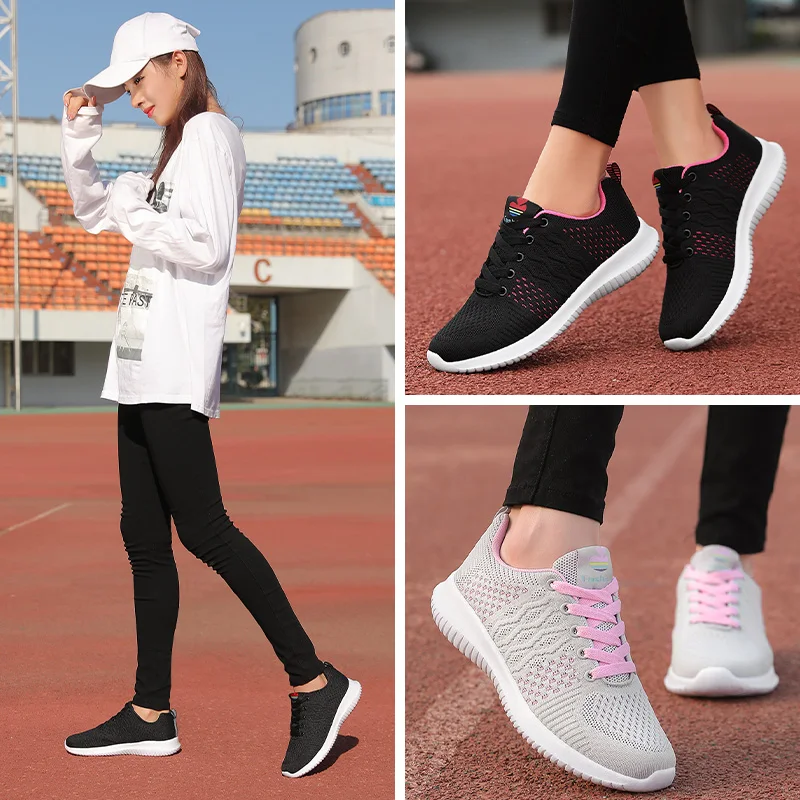 

2021 New Ladies Breathable and Comfortable Running Shoes Mesh Upper Wear-resistant Bottom Sports Shoes Large Size 42 43 Black