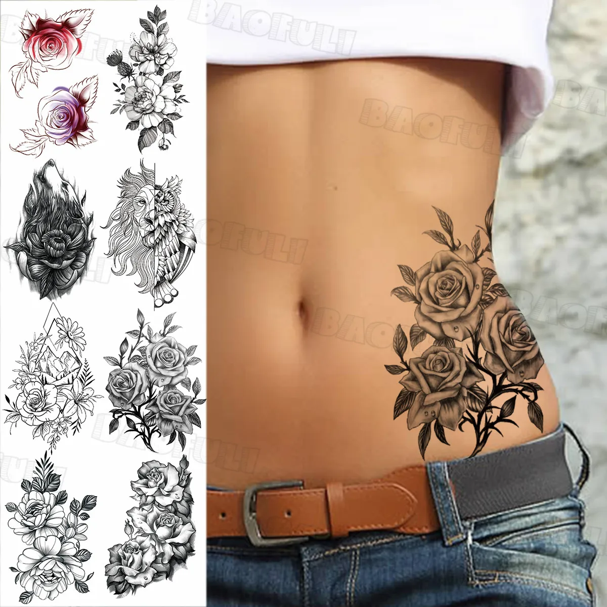 

Black Rose Flower Temporary Tattoos For Women Adult Realistic Fake Wolf Lion Geometric Tattoo Sticker Arm Waist Washable Tatoos