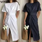 Платье VONDA женское повседневное с коротким рукавом, свободная Пляжная туника из чистого хлопка с разрезом спереди и бантом, праздничный сарафан, 2021