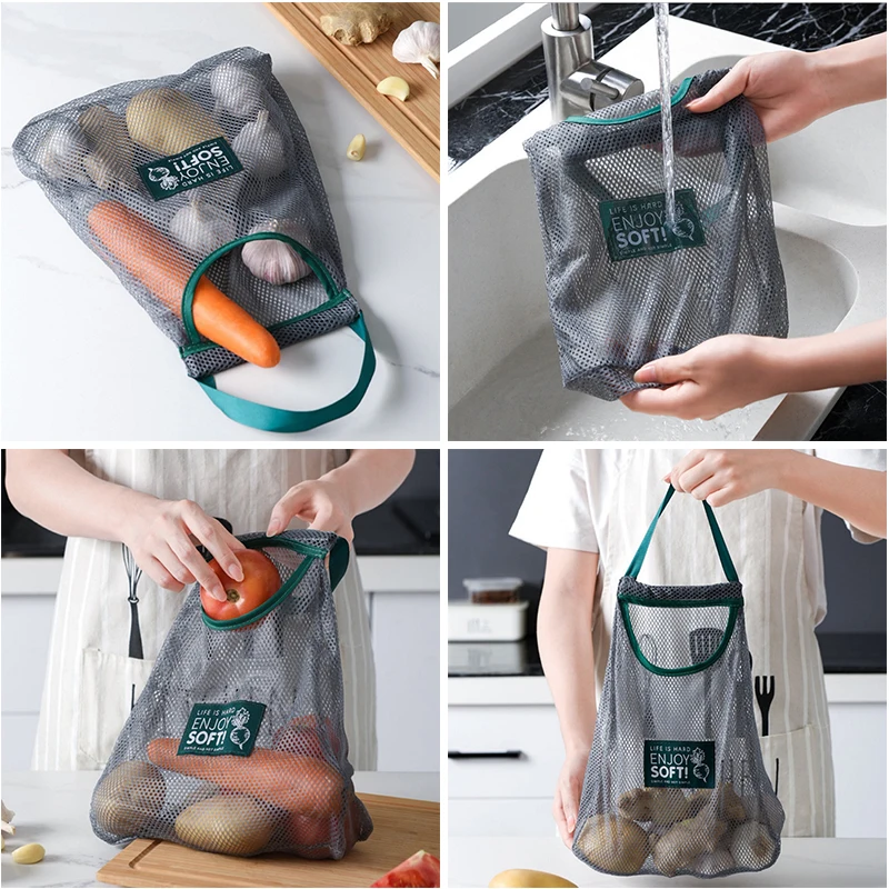 

Foldable Hanging Storage Pocket Breathable Reusable Mesh Bag Kitchen Folding Garlic Onion Vegetable Sorting Bag Organizer