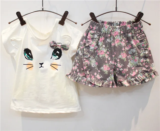 Летние комплекты одежды для девочек рубашка с оборками на рукавах и шорты