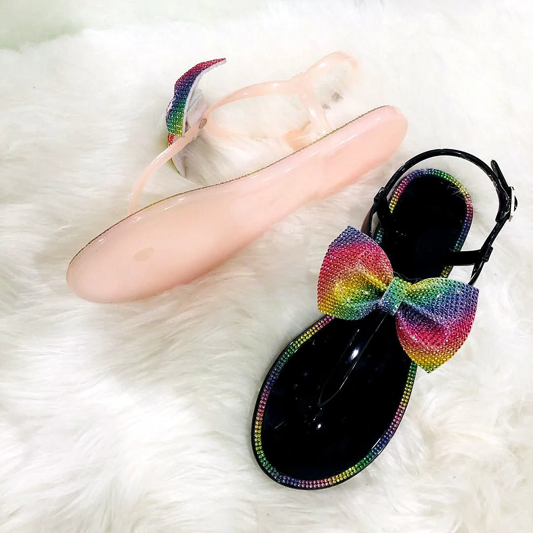 

2020 New Fashion Crystal Bow Slippers Women Jelly Sandals Flat Slides Casual Beach Flip Flops Summer Jelly Shoes