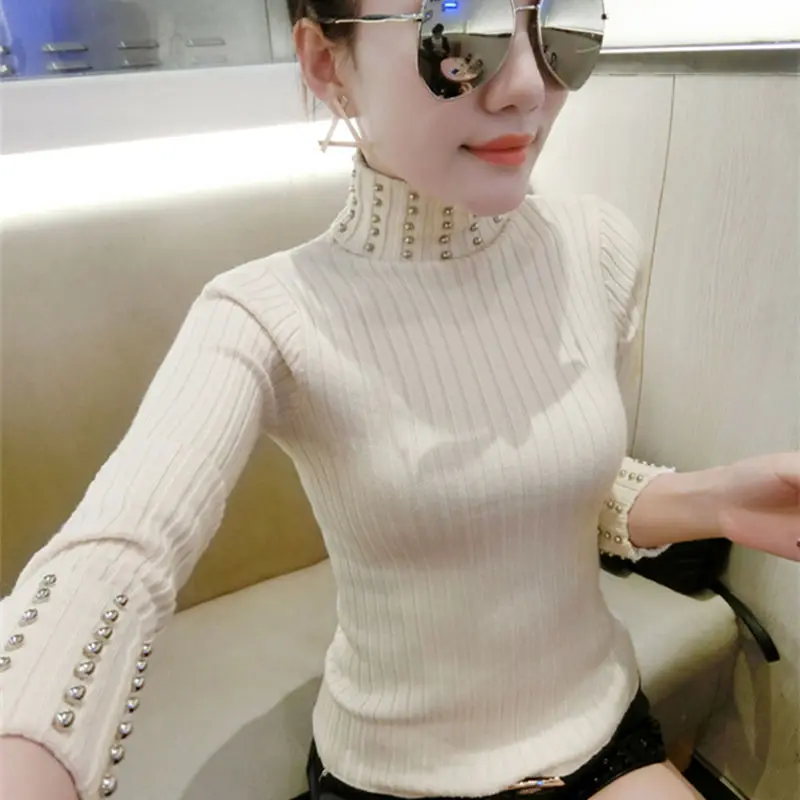 2019 женский свитер толстый высокий воротник зима новый вышитый бисером тонкий