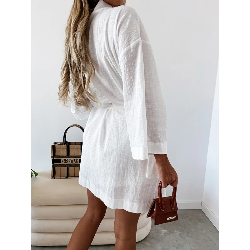 

Summer Solid Color Shirt Dress Women 2021 Loose Long Sleeve Solid White Sexy V Neck Leisure Bandage A Line Slim Vestido SJ8107C