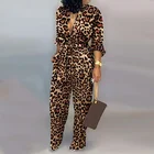Женский леопардовый комбинезон с длинным рукавом и поясом