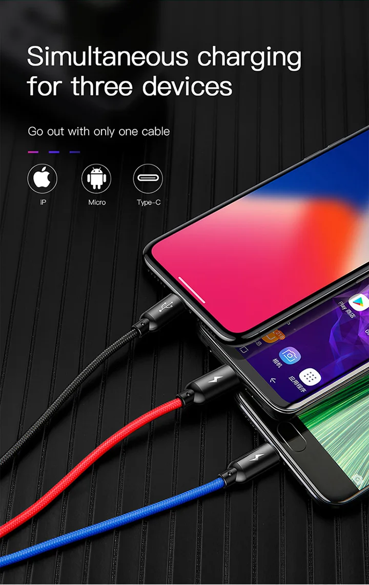 Кабель для мобильного телефона BASEUS, 3 в 1, кабель Micro USB, кабель usb type-C, кабель type-C для зарядки samsung, Xiaomi, USB, шнур для освещения