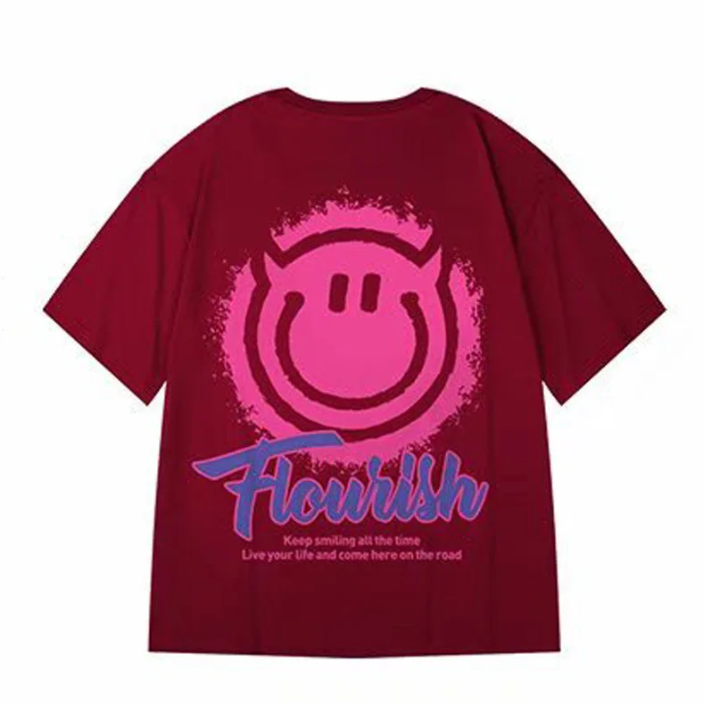 

Half-sleeved Men T-shirt Summer Devil Smiley Face Trendy Brand Hip-hop Loose Version Large Size Short-sleeved Ins Fashion Trend