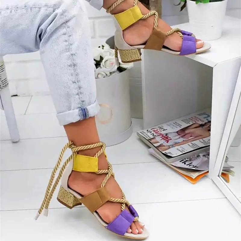 

2021 New Large Size Ladies Cross Straps Thick Heel High Heels Fashion Color Matching Fish Mouth Increase Female Sandals Women