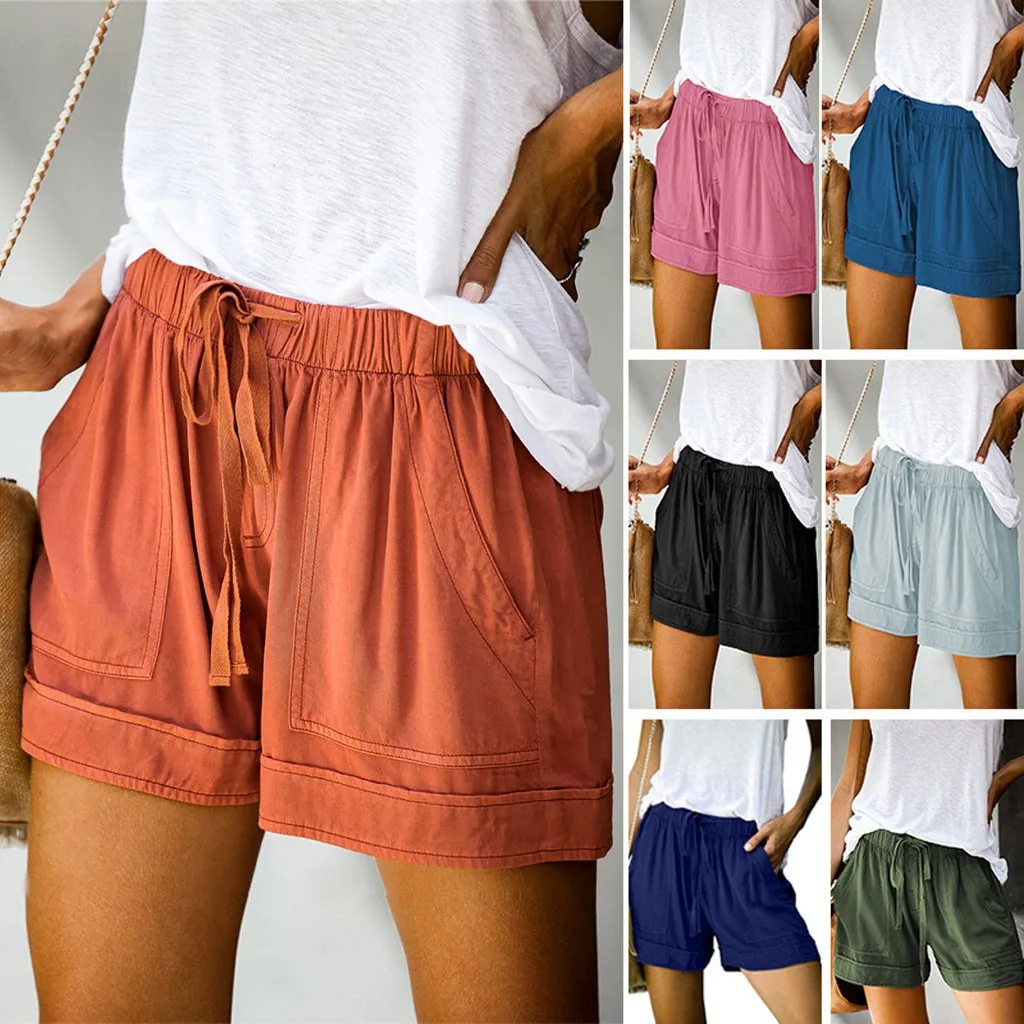 

Womens Comfy Drawstring Shorts Splice Casual Elastic Waist Pocketed Loose Shorts Summer Solid Color