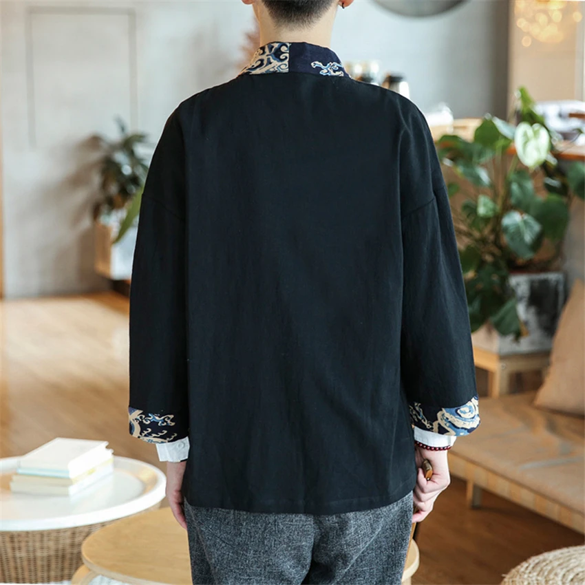 

Chinese Style Coat Han Suit Large Size Retro Japanese Cotton Linen Samurai Kimono Three Quarter Sleeve Korean Fashion Clothing