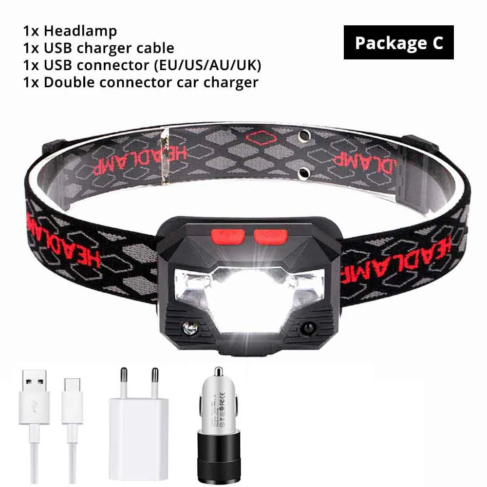 Package C USB Перезаряжаемый светодиодный налобный фонарь встроенный датчик водонепроницаемые фонарики с usb-кабелем для зарядки, супер яркий для активного отдыха - Испускаемый цвет: Package C
