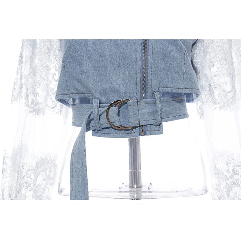 

Spring New Short Sexy Perspective Hook flower Hollow out Lace Splice Denim jacket Women Plus size Zipper Waist lace-up Jean coat