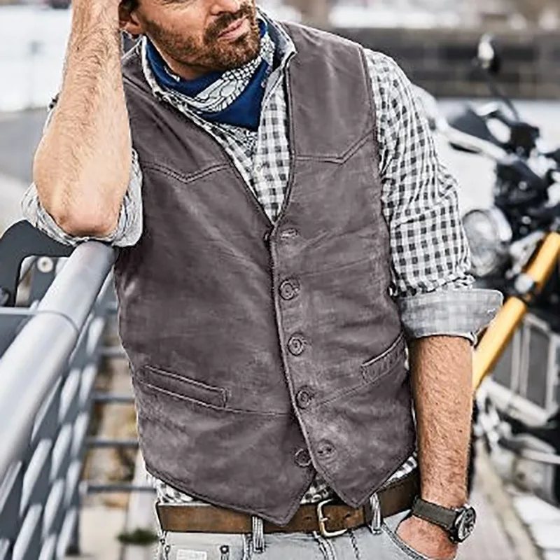 

Men's Tooling Vest V Neck Single Breasted Grey Solid Color Waistcoat Slim Fit For Casual Daily Wear Male Vest Clothing 2021